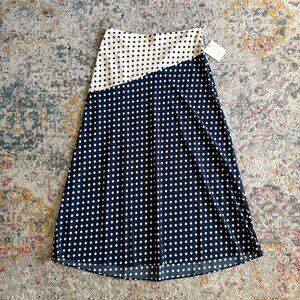 Navy and white polka dot asymmetrical midi skirt